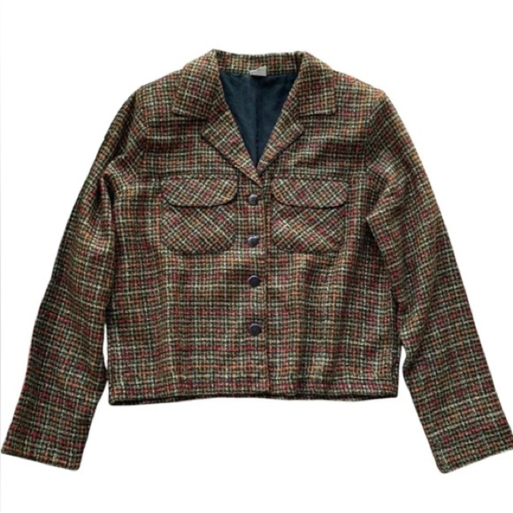 Erika Brooke Tweed Plaid Shimmer Cropped Buttoned Jacket Olive Black Tan Size M